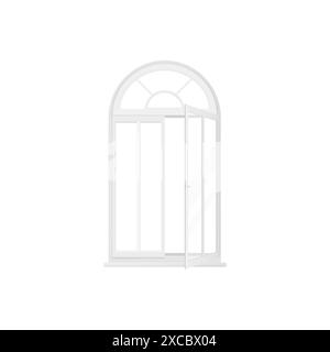 3D window with white frame and arch, transparent glass and open sash vector illustration Stock Vector