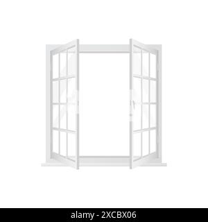 3D window with white frame and two open sashes for fresh air vector illustration Stock Vector