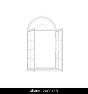 3D window with arch white frame and two open sashes with sections inside vector illustration Stock Vector