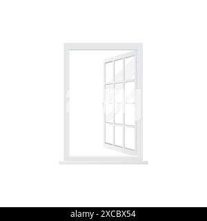 3D window with white frame open one sash divided into square sections vector illustration Stock Vector
