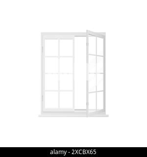 3D window with white frame, clear glass and one open sash on hinges vector illustration Stock Vector