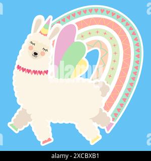 Sticker cute alpaca unicorn with boho rainbow. Cartoon dreaming llama with horn and wings flying in the sky, vector illustration. Childish design elem Stock Vector