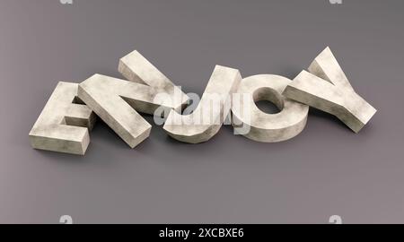 Luxury concrete inscription enjoy on grey podium, soft light, smooth background, 3d render illustration Stock Photo