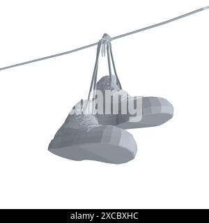 Polygonal model Sneakers hanging from a rope on the white background. Vector illustration. 3D. Stock Vector