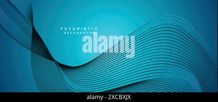 Abstract Peacock Blue, Ocean Blue Technological Modern Flowing Wave Line Background. Teal Blue and Black Digital Future Technology Banner Background Stock Vector