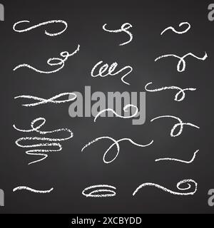 Charcoal pencil hand drawing curly lines. Swishes, swashes, swoops, swooshes, scribbles and squiggles White chalk elements on Black chalkboard Grunge Stock Vector