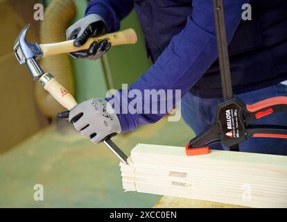 Chisel and hammer, woodworking and carpentry tools Stock Photo
