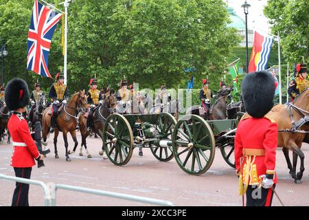 London, UK, 15 June 2024. Trooping of the colour. In June each year Trooping the Colour, also known as 'The King's Birthday Parade', takes place on Horse Guards Parade in London. With His Majesty the King taking the salute Trooping the Colour is the highlight of the ceremonial calendar with over 1400 officers and men, two hundred horses and the Massed Bands of the Household Division on parade. Credit: Uwe Deffner / Alamy Live News Stock Photo