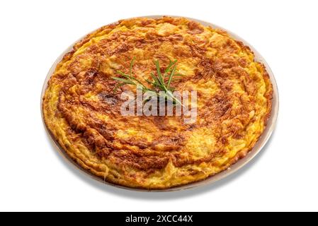 Egg omelet with rosemary sprig in plate isolated on white with clipping path included Stock Photo