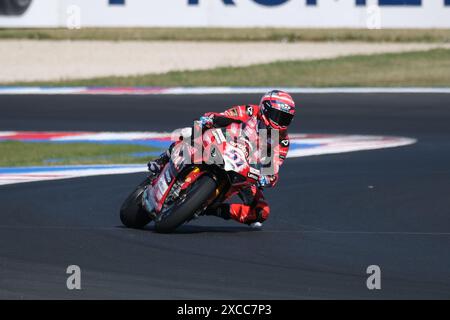 Misano Adriatico, Rimini, Italy. 16th June 2024. (51) Michele Pirro from Italy of Aruba.it - Ducati Team, rides Ducati Panigale V4R during the FIM Motul Superbike World Championship - Free practice session of Emilia Romagna Round at Marco Simoncelli World Circuit in Misano Adriatico on June 16, 2024 in Misano Adriatico, Rimini, Italy. Credit: Roberto Tommasini/Alamy Live News Stock Photo