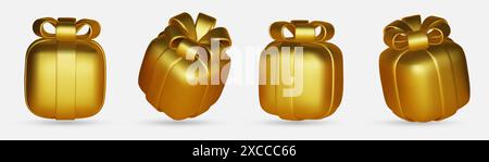 3d gift boxes set with gold ribbon bow isolated on a white background. 3d render flying modern holiday closed surprise box. Realistic vector icon for Stock Vector