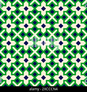 green and blue geometric seamless pattern background, flat vector graphic design, symmetrical design, seamless pattern in style of Islamic art Stock Vector