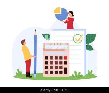 Accounting and audit, financial analytics and data analysis. Tiny people holding pencil and pie chart, work with calculator to analyze family or corporate budget, calculate cartoon vector illustration Stock Vector