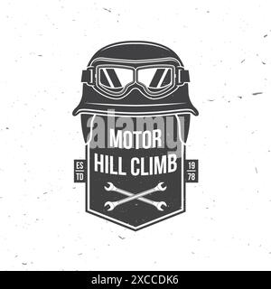 Motorcycle hill climb logo, badge, sticker. Vector illustration. Extreme sport with motorcycle helmet, glasses and wrenches. Monochrome style Stock Vector