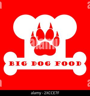Dog bone logo. Big dog food. Bone, dog footprint and chef hat. Vector clipart. White silhouette on a red background. Stock Vector