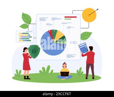 Research and financial analytics data security. Tiny people holding calculator and shield to analyze results of pie chart report and protect business analysis information cartoon vector illustration Stock Vector