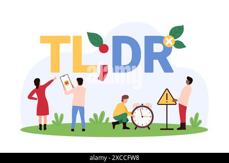 TLDR abbreviation, Too Long Didnt Read. Tiny people pointing at TLDR text of internet lexicon and warning sign, slang opinion for comment about article on social media blog cartoon vector illustration Stock Vector