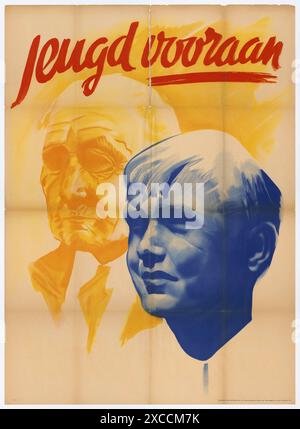 A vintage German propaganda poster from occupied Holland. It shows the faces of an old man and a young boy with the slogan Youth First. Stock Photo