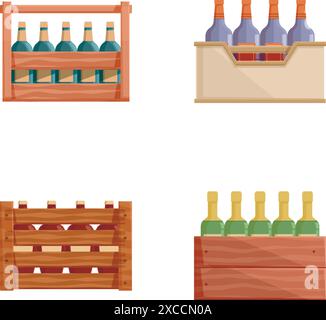 Vector illustration of four different wooden wine crates with bottles Stock Vector