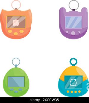 Four brightly colored virtual pet devices, each with a unique design, isolated on white background Stock Vector
