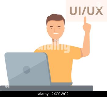 Young adult man working as uiux designer on laptop and pointing at sign with his finger Stock Vector