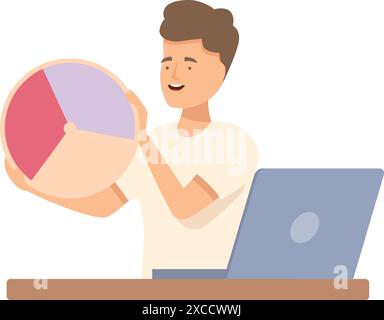 Young businessman holding a big pie chart and working on his laptop Stock Vector
