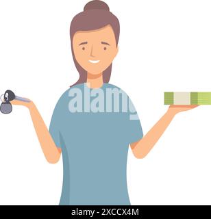 Young woman holding car keys and money choosing between buying or renting a new vehicle Stock Vector