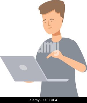 Young man is holding his laptop and pointing at the screen while working Stock Vector
