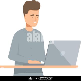 Man is sitting at a desk working on a laptop computer Stock Vector