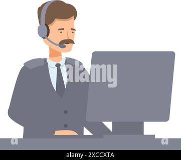 Security guard is using a computer and wearing a headset Stock Vector