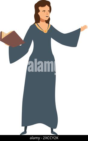 Medieval woman is holding an open book and explaining something Stock Vector
