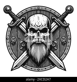 Bearded skull with swords on the background of a shield in the style of Vikings and pirates on a white background vector illustration Stock Vector