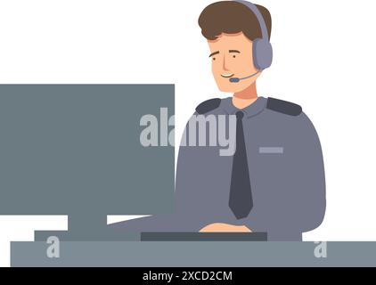 Security guard wearing headset working on computer at desk in security room Stock Vector