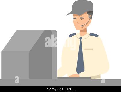 Security guard wearing headset working on computer at airport Stock Vector