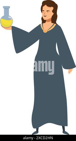 Medieval female alchemist is showcasing a flask containing a yellow potion, hinting at her expertise in alchemy Stock Vector