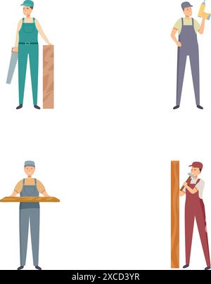 Illustration collection featuring four carpenters with various tools and woodwork in different poses Stock Vector
