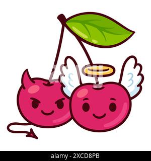 Cute cartoon cherry couple angel and devil. Funny characters vector illustration. Stock Vector