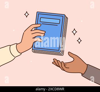 Hand giving book to another person. Book exchange, borrowing from library, reading literature. Cartoon drawing, vector illustration. Stock Vector