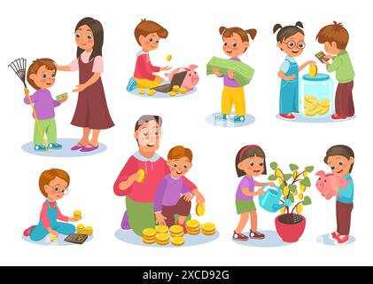 Kids financial literacy. Boys and girls hoarding coins. Dollar banknotes saving. Budget counting. Parents pay children for help. Money tree. Commercia Stock Vector