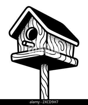 Wooden birdhouse, retro black and white drawing with stipple texture. Vector illustration Stock Vector