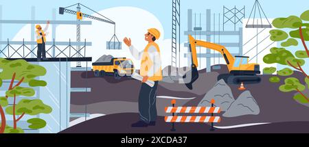 Builders at construction site. Machinery digs pit. City buildings. Unfinished houses. Workers in helmets and uniforms manage build process. Housing Stock Vector
