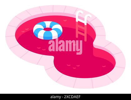 Red swimming pool vector illustration in flat cartoon style. Outdoor pool with red colored bottom and inflatable float ring. Stock Vector