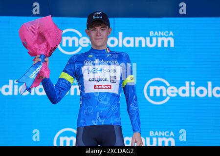Forlimpopoli, Italia. 16th June, 2024. Lorenzo Nespoli (Team MBH Bank Colpack Ballan) blue jersey at the end of the 8th stage of the Giro Next Gen2024, from Cesena to Forlimpopoli (Italy) Sunday, June 16, 2024. Sport - cycling . (Photo by Gian Mattia D'Alberto/LaPresse) Credit: LaPresse/Alamy Live News Stock Photo