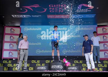 Forlimpopoli, Italia. 16th June, 2024. Lorenzo Nespoli (Team MBH Bank Colpack Ballan) blue jersey at the end of the 8th stage of the Giro Next Gen2024, from Cesena to Forlimpopoli (Italy) Sunday, June 16, 2024. Sport - cycling . (Photo by Gian Mattia D'Alberto/LaPresse) Credit: LaPresse/Alamy Live News Stock Photo