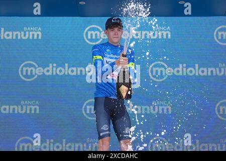 Forlimpopoli, Italia. 16th June, 2024. Lorenzo Nespoli (Team MBH Bank Colpack Ballan) blue jersey at the end of the 8th stage of the Giro Next Gen2024, from Cesena to Forlimpopoli (Italy) Sunday, June 16, 2024. Sport - cycling . (Photo by Gian Mattia D'Alberto/LaPresse) Credit: LaPresse/Alamy Live News Stock Photo