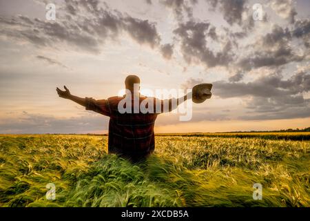 Silhouette of a happy farmer with arms outstretched standing in his ...