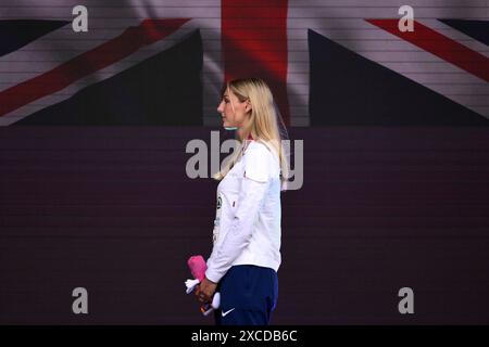 Molly Caudery of Great Britain during the medal ceremony of the Pole Vault Women of the European Athletics Championships at Olimpico stadium in Rome (Italy), June 11, 2024. Molly Caudery placed third winning the bronze medal. Stock Photo