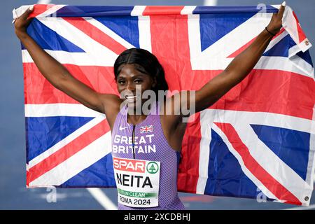 Daryll Neita of Great Britain celebrates after competing in the 200m women final of the European Athletics Championships at Olimpico stadium in Rome (Italy), June 11, 2024. Daryll Neita placed second winning the silver medal. Stock Photo