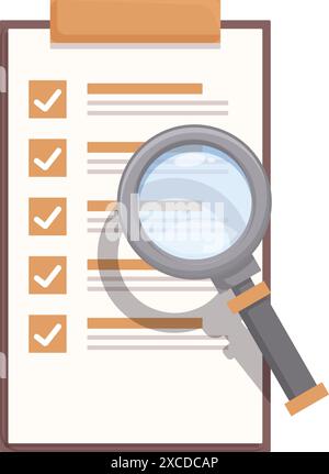 Magnifying glass is inspecting a completed checklist on a clipboard, emphasizing the concept of audit, quality control, and attention to detail Stock Vector