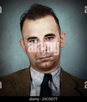 John Herbert Dillinger (1903-1934) was an infamous bank robber and criminal during the Great Depression. He was jailed for robbery in 1924 and learned the tricks of bank heists while incarcerated. He gained notoriety for his daring robberies and prison escapes, including carving a fake gun to break out of jail in 1934. He was dubbed "Public Enemy No. 1" by the FBI. A vintage photograph of a man wearing a suit and tie, captured with a serious expression. The image conveys historical and classic themes, ideal for period setting concepts. An historical old photograph demonstrating timeless style. Stock Photo